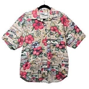 Vintage 90s Capacity Hawaiian‎ Shirt Large Cotton Floral Postcard Aloha Tan
